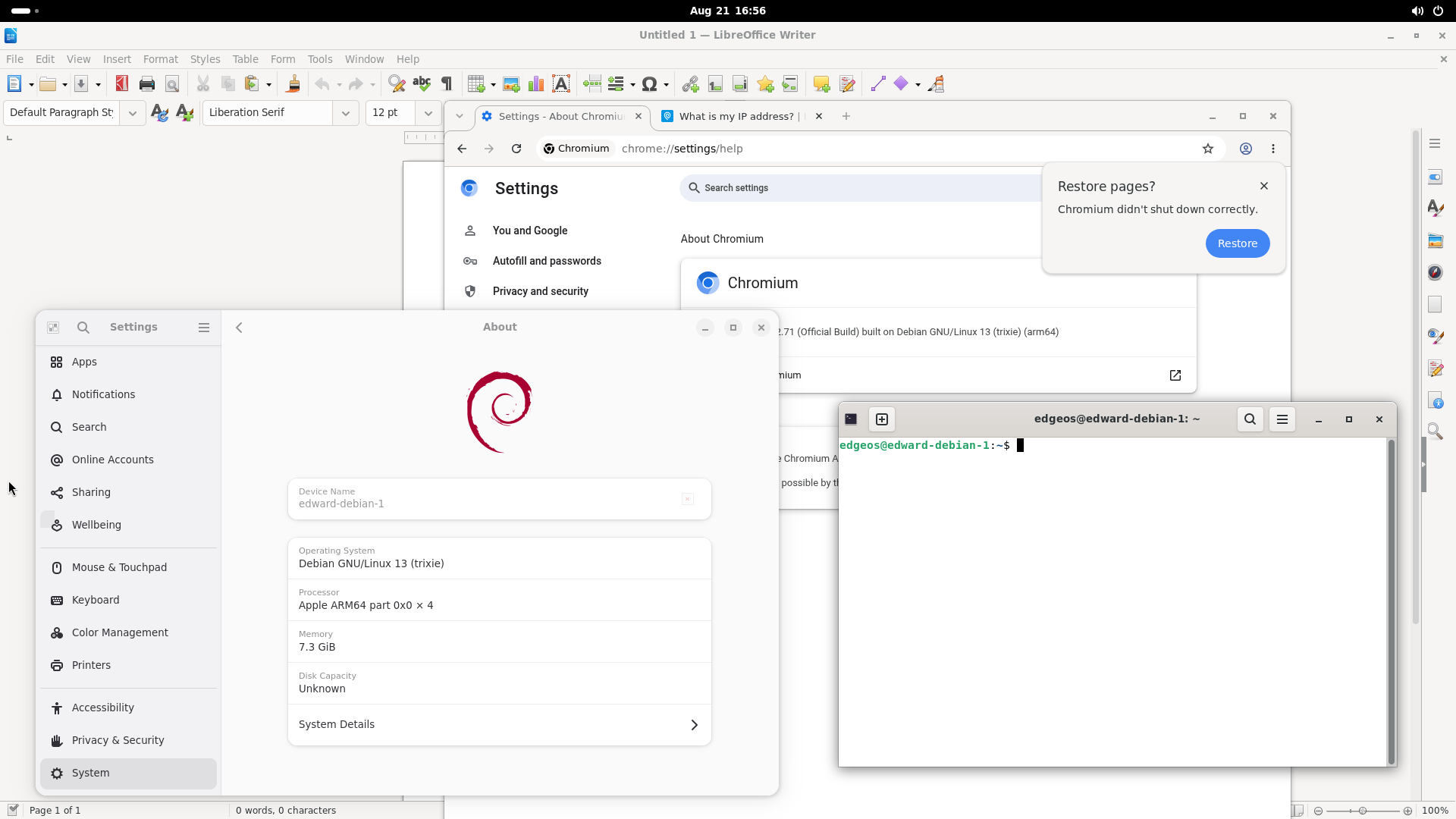 Debian GNOME desktop running Chromium, LibreOffice and a terminal on an EdgeOS AArch64 development virtual machine